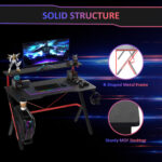 47 Inch Gaming Desk Racing Computer Desk Home Office Workstation with Elevated Monitor Shelf Rotatable Cup Holder Headphone Hook, Black