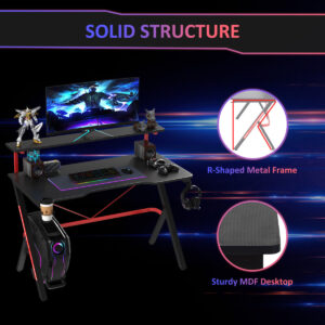 47 Inch Gaming Desk Racing Computer Desk Home Office Workstation with Elevated Monitor Shelf Rotatable Cup Holder Headphone Hook, Black